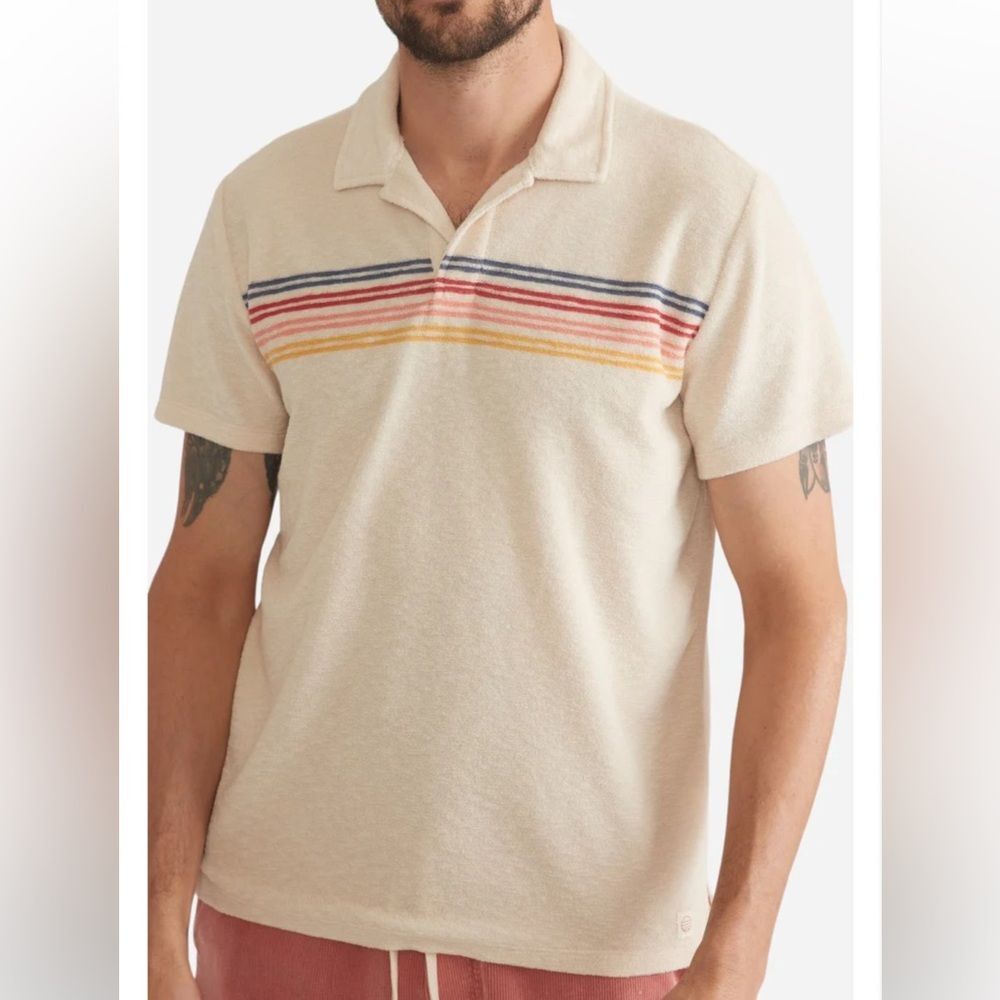 Marine Layer Terry Out Stripe Polo in Fog Sunset Stripe Size L for men’s - Picture 2 of 15
